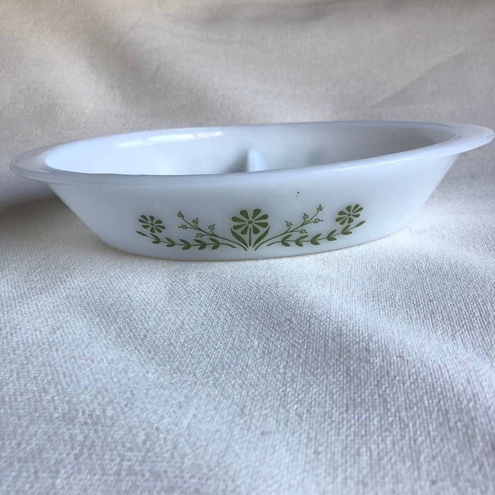 Milk Glass Green Daisy Divided Casserole Dish VTG